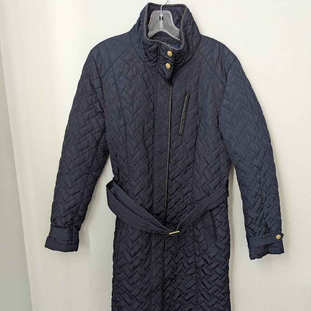 NWOT Cole Haan Women's Navy Quilted Belted Long Jacket, Large